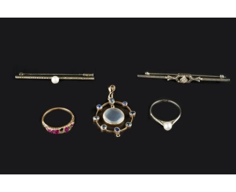 A COLLECTION OF GEM SET JEWELLERY, comprising a sapphire and moonstone circlet pendant, (drop deficient), a ruby half hoop ri