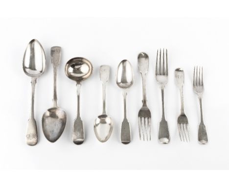 A MATCHED PART SERVICE OF 19TH CENTURY SILVER FIDDLE PATTERN FLATWARE, comprising four tablespoons, thirteen table forks, (el