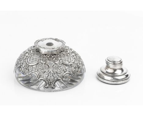 A LATE VICTORIAN SILVER MOUNTED GLASS INKWELL, of shallow, domed form, pierced and repoussé decorated with flowers, lattice w