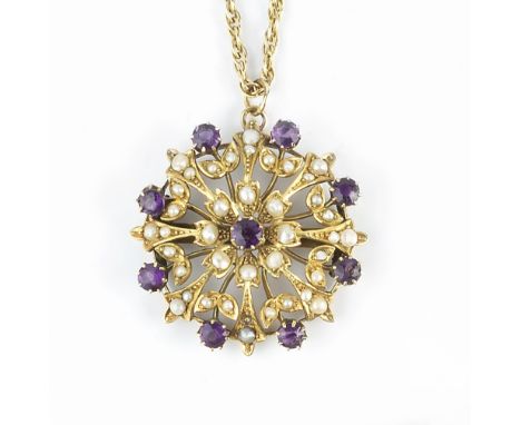 A COLLECTION OF ANTIQUE AND LATER JEWELLERY, comprising an amethyst and half pearl pendant, on a ropetwist-link chain with cl