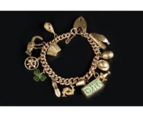 A CHARM BRACELET, the curb-link bracelet stamped '9 .375', suspending a collection of 9ct gold and yellow metal charms, to in