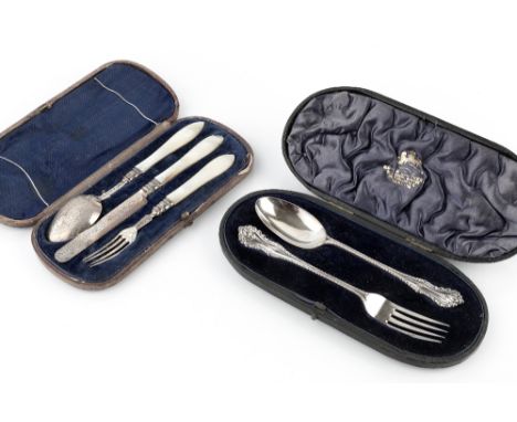 A MID VICTORIAN SILVER THREE PIECE CHRISTENING SET, with engraved decoration and mother of pearl handles by Hilliard &amp; Th