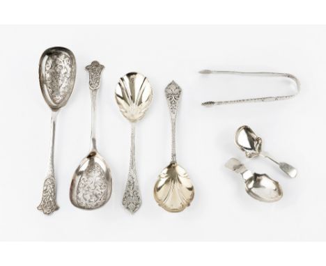 A PAIR OF LATE VICTORIAN SILVER SERVING SPOONS, with engraved decoration by Martin, Hall &amp; Co, London 1875; another pair 