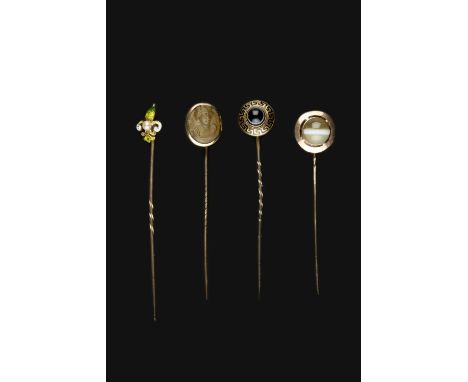 A COLLECTION OF ANTIQUE AND LATER STICK PINS, comprising a memorial stick pin, the circular panel with banded agate cabochon 