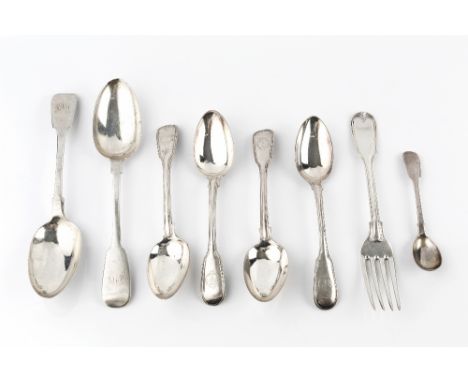 A MIXED PART SERVICE OF 19TH CENTURY SILVER FIDDLE AND FIDDLE AND THREAD PATTERN FLATWARE, comprising eight tablespoons, a ta