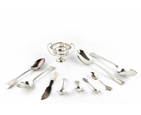 A PAIR OF LATE 19TH CENTURY DANISH SILVER SERVING SPOONS, marks for Simon Groth, Copenhagen 1872; two 19th Century silver tab