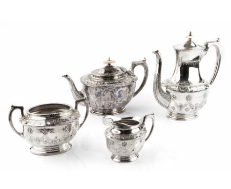 A QUANTITY OF ASSORTED SILVER PLATED ITEMS TO INCLUDE a late Victorian four piece tea and coffee service, a twin handed tea t