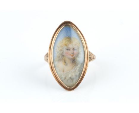 A GEORGIAN PORTRAIT MINIATURE MEMORIAL RING, the navette-shaped panel depicting the portrait of a girl on ivory, inscribed ve