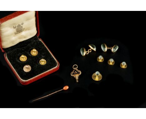 A COLLECTION OF GENTLEMAN'S DRESS JEWELLERY, comprising a cufflinks, button and dress studs suite, set throughout with chatoy