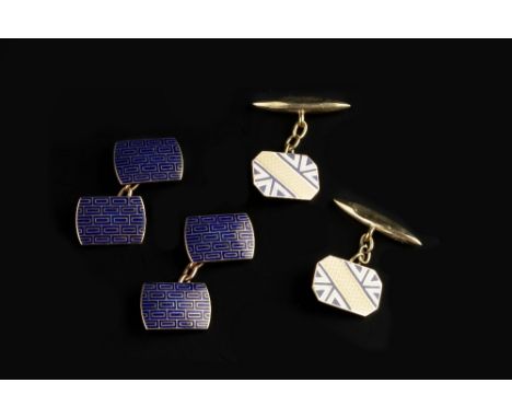 TWO PAIRS OF ENAMEL CUFFLINKS, the first designed as tonneau-shaped panels heightened with blue enamel geometric decoration, 