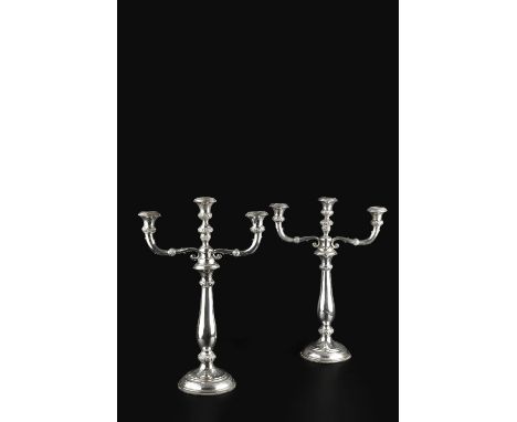 A PAIR OF 19TH CENTURY AUSTRIAN SILVER THREE LIGHT CANDELABRA, with florally embossed detachable arms, and baluster columns, 