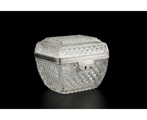 A 19TH CENTURY DUTCH SILVER MOUNTED CUT GLASS CASKET OR CADDY, of sarcophagus form, having hobnail cut decoration, and reeded