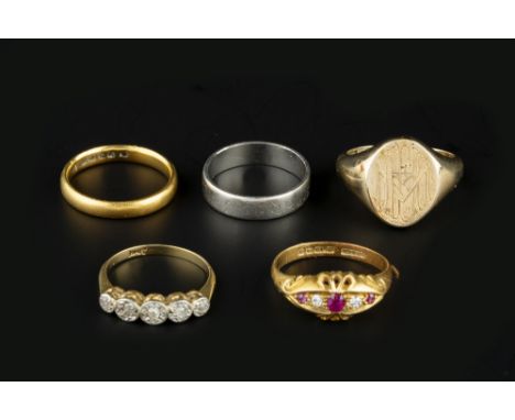 A COLLECTION OF RINGS, comprising a diamond set five stone ring, stamped '18ct', a diamond and red stone half hoop ring, 18ct