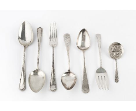 AN AMERICAN PRESERVE SPOON, repoussé decorated with fruit, by S Kirk &amp; Son; a pair of American tablespoons by Duhme &amp;