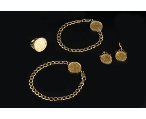 A COLLECTION OF COIN JEWELLERY, comprising two half sovereign set bracelets, each of curb-link design, 9ct gold mounted, a ha