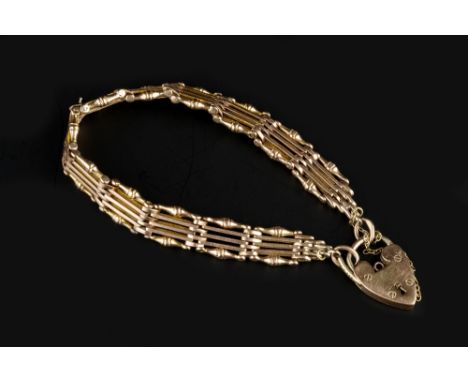 A FANCY GATE-LINK BRACELET, with padlock clasp stamped '9ct gold' and inscribed 'J.L to E.S, 17/7/17', length 19.5cm