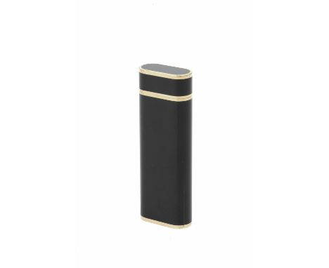 A CARTIER GOLD PLATED AND BLACK ENAMEL LIGHTER, of rounded rectangular section, interlocking C. Cartier logo, No. 668455, 7cm