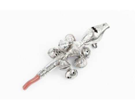 A GEORGE III SILVER BABY'S RATTLE AND WHISTLE, with engraved decoration, hung with two tiers of four bells, and with coral te