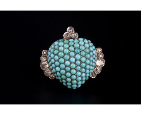 A TURQUOISE AND DIAMOND PANEL RING, the heart-shaped convex panel pavé set with graduated cabochon turquoises, bordered by tw