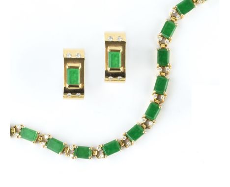 A JADE AND DIAMOND BRACELET AND SIMILAR EARRINGS, the bracelet designed as a line of rectangular-cut jade in claw settings, s