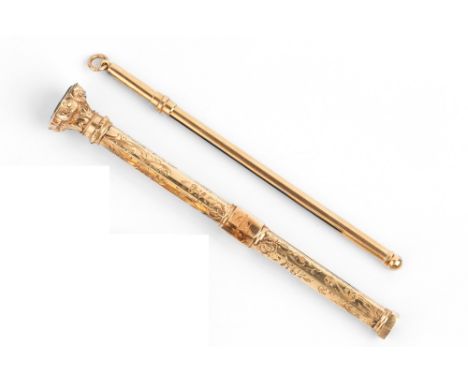 A 9CT GOLD SWIZZLE STICK, 9cm long; and a foliate engraved late Victorian propelling pencil, with hardstone inset seal termin