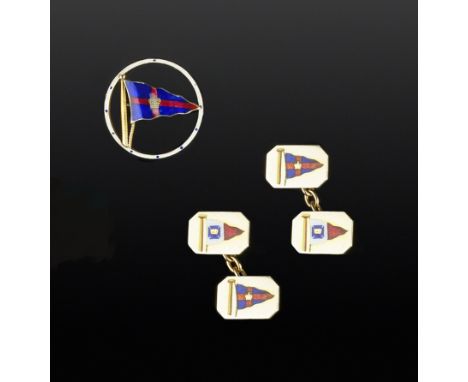 A COLLECTION OF ENAMEL NAVAL PENNANT JEWELLERY, comprising a pair of 9ct gold cufflinks, the octagonal panels decorated with 