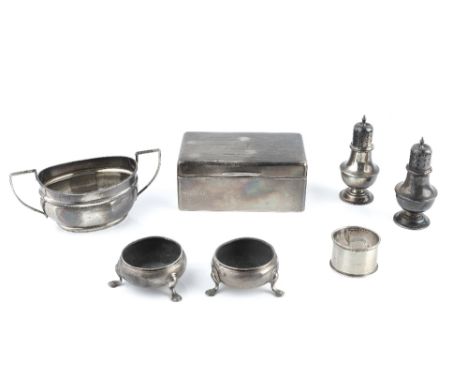 A PAIR OF GEORGE II SILVER CIRCULAR SALTS, on pad feet, by Edward Wood, London 1744; and a small collection of further silver