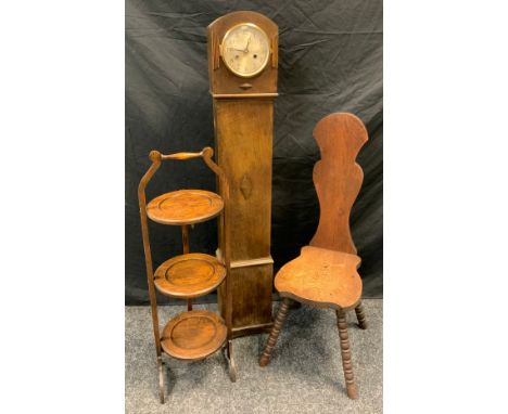 An oak longcase clock of small proportions, Arabic numerals, twin winding holes, 127cm high, c.1930;  a three tier folding ca