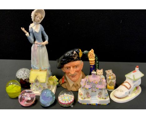 A Beswick Beatrix Potter figure, Tabitha Twitchett; another Tabitha Twitchett &amp; Miss Moppet;  Lladro girl;  Royal Doulton