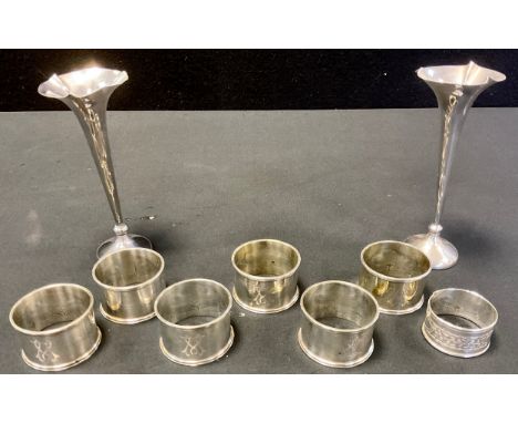 Silver &amp; Plate - a pair of silver bud vases, Birmingham 1904;  napkin ring,;  set of six silver plated napkin rings 