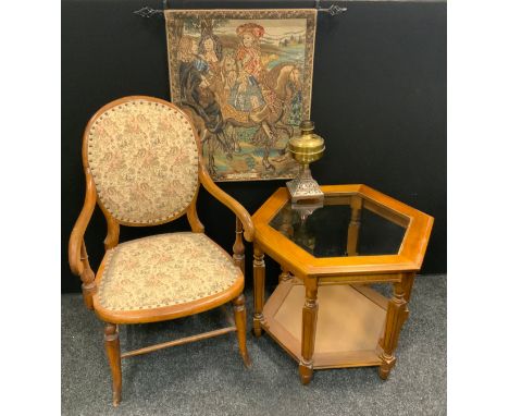 A 19th century beech armchair, floral upholstered back and seat, scrolling arms, turned supports and fore leg, 93cm high, 58c