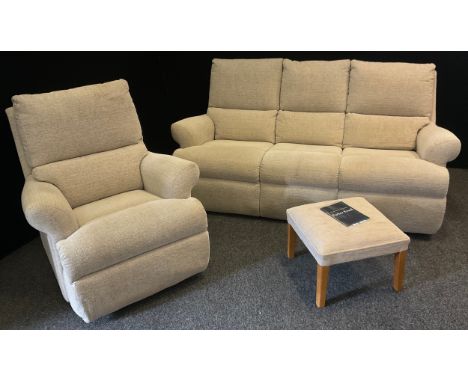 A Parker Knoll three seat sofa, Boston design, or similar, 188cm wide, and a matching armchair, and footstool, (3). 