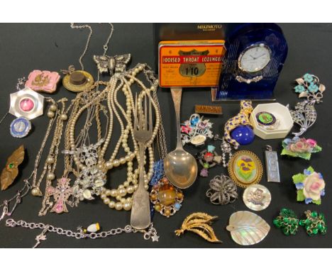 Jewellery - Costume necklace, simulated pearls, brooches;  enamelled badges;  Mikimoto clock etc 