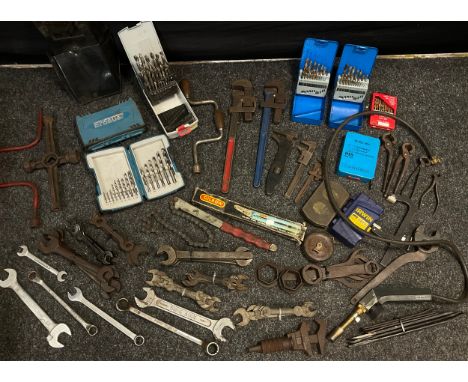 Tools - spanners, drill, wrench's,, small pick, hammers, dies etc qty 
