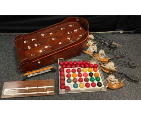 A table top Bagatelle board, 87cm x 40.5cm x 36cm high;  snooker accessories - balls, table pockets, score board, etc. 