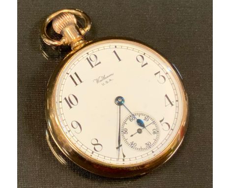 A Waltham 9ct gold cased openface pocketwatch, white enamel dial, bold Roman numerals, button wind movement, 47mm diameter, 8