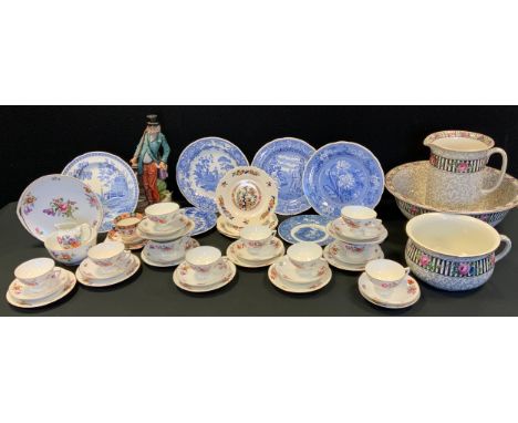 A Capodimonti figure with dog;  Grimwades three piece washing set, jug, bowl &amp; Chamber pot; continental Bavarian tea set;