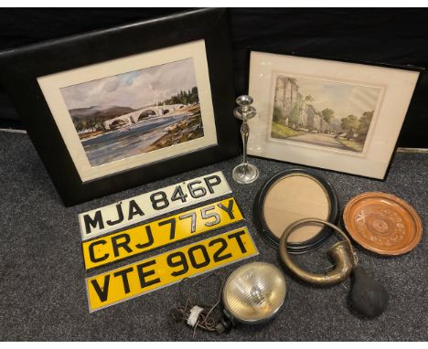 Boxes &amp; Objects - automobilia, number plates, Lucas Spotlight, horn;  etc, R Herdman-Smith, Stoney Middleton, Aquatint;  