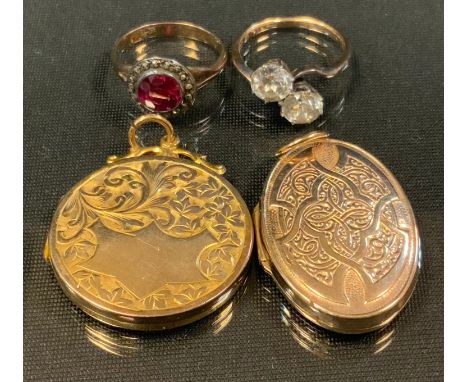 9ct gold paste dress ring;  another , both stamped 9ct 4.9g gross;  a 9ct gold circular back and front locket pendant;  anoth