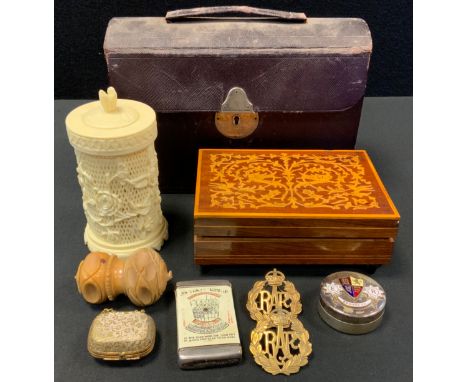 A leather travelling letter rack writing box, fitted interior;  Coquilla nut carved spice box;  Anglo Indian thimble case etc