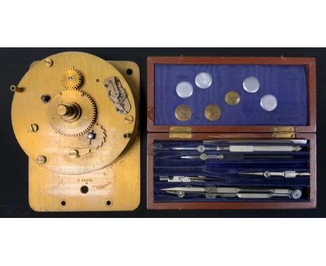 Clock Makers Spares - a 19th century chain driven fusee clock movement, no B 33236/31;  a draughtsman's drawing set, cased 