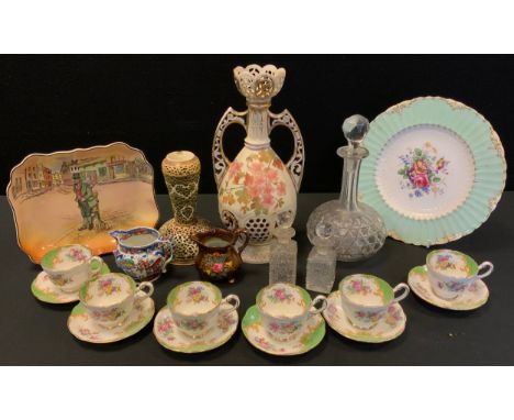 A Paragon China Rockingham pattern coffee service for six with ogee shaped cups; A Royal Crown Derby cabinet plate painted an