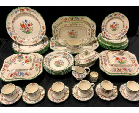 A Spode Chinese rose pattern dinner service, for six, inc two tureens, three graduated canted rectangular plates, dinner plat