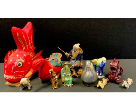A Chinese lacquered Duck box;  Fish;  pottery Tang style Horse;  Fans;  Resin netsuke etc 