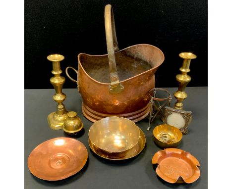 Brass &amp; Copper  - an early 19th century copper portrait bowl, George III raised on detachable feet;  pair of brass candle