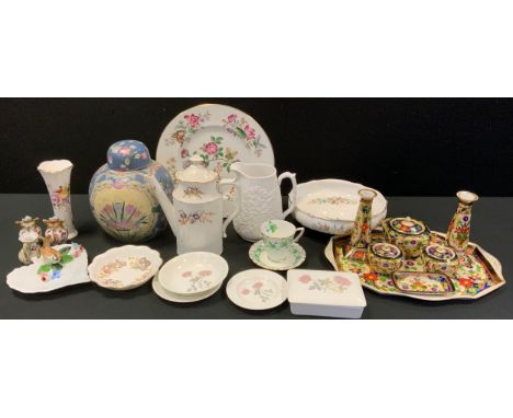 A Noritake seven piece dressing table set;  Royal Crown Derby Coffee pot;  cup and saucer;  Aynsley;  Wedgwood etc 