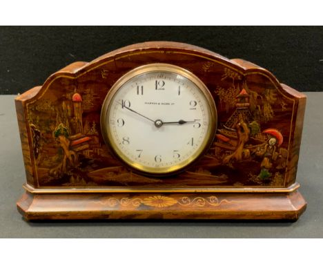 A Mappin &amp; Webb mantel clock, with red Chinoiserie Japanese style lacquer case,  white dial, Arabic numerals, 15.5cm high