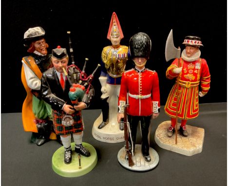 A Royal Doulton figure, The Guardsman, Hn 2784;  others Iconic London Beefeater Hn5362;  The Piper Hn 3444, all firsts;  Cava