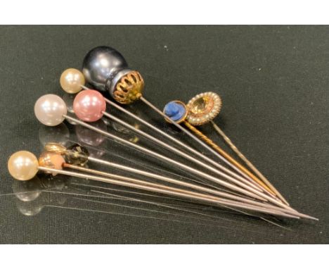 A Victorian carve lapis lazuli portrait topped tie pin, gold coloured metal mounts;  others, seed pearl and citrine,  culture