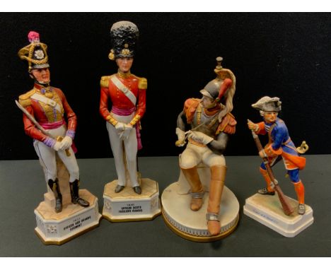 A Goebel porcelain figure, Soldat de la Garde 1757;  others Capodimonte  seated Soldier;  1840 Officer of the Scots Fusiliers